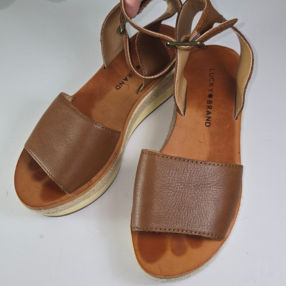 Lucky Brand Joodith Leather Espadrille Platform Wedge Sandals Brown Women 6.5